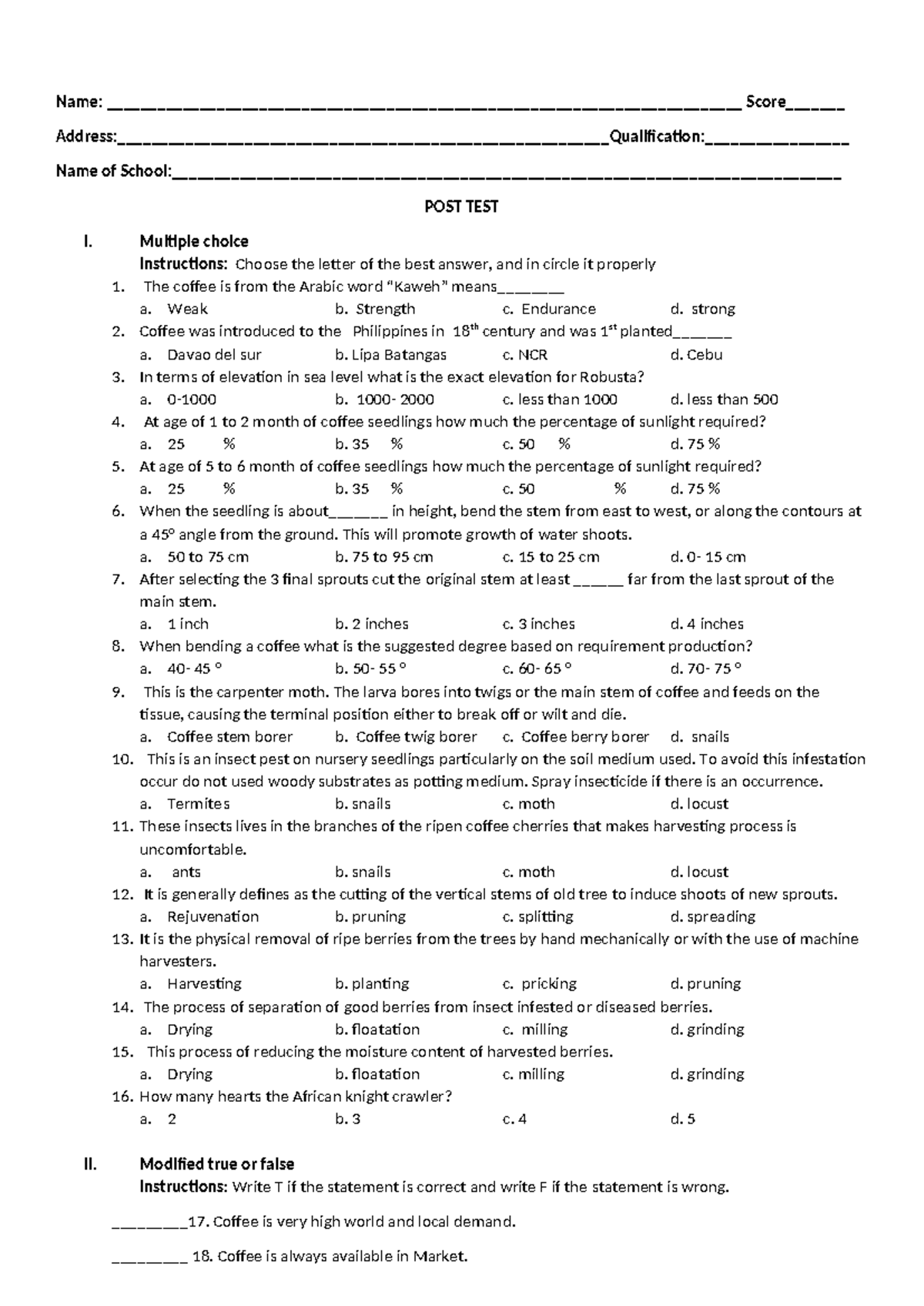 POST TEST I: Coffee Pretest Questions and Instructions - Studocu