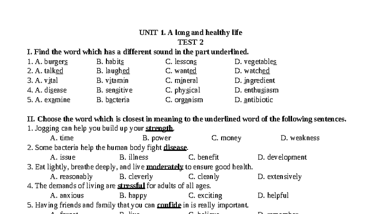 UNIT 1. A Long and Healthy Life - Test 2 - Studocu