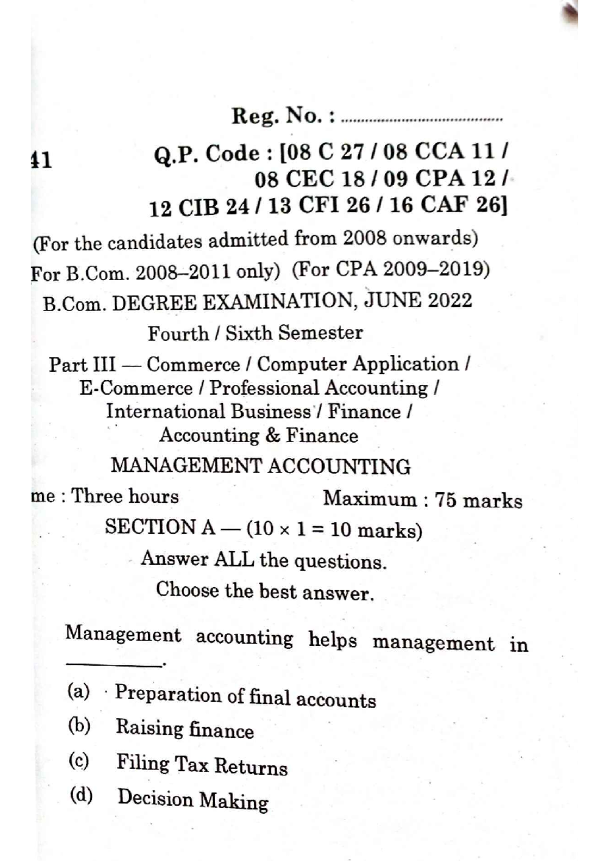 Management Accounting Notes for B.Com. CPA Degree Exam - June 2022 ...