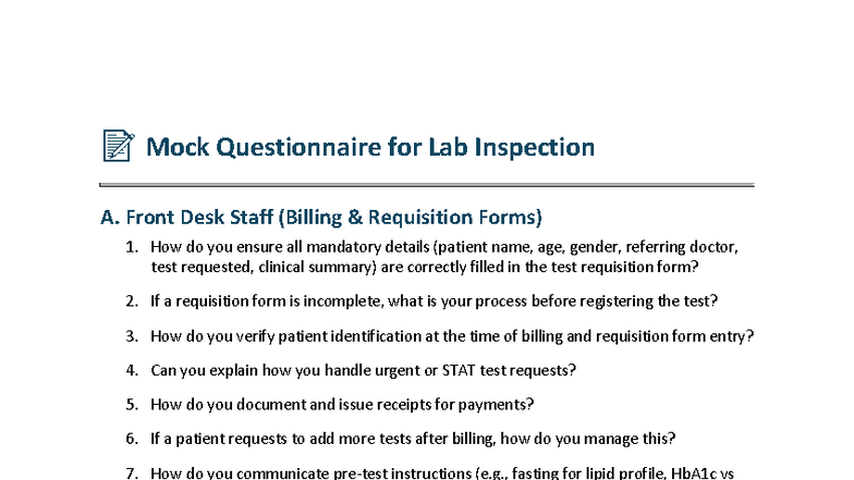 B Group Lab Inspection Mock Questions: Staff Roles & Protocols - Studocu