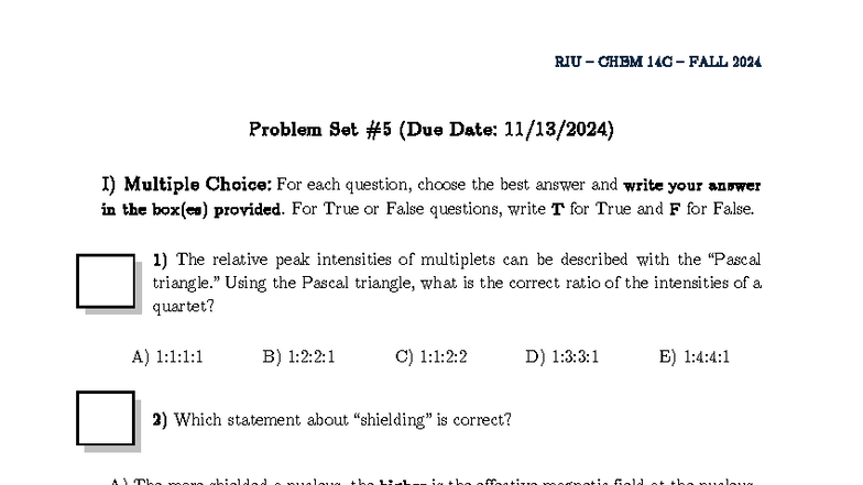 RIU CHEM 14C FALL 2024 NMR Problem Set and Solutions - Studocu