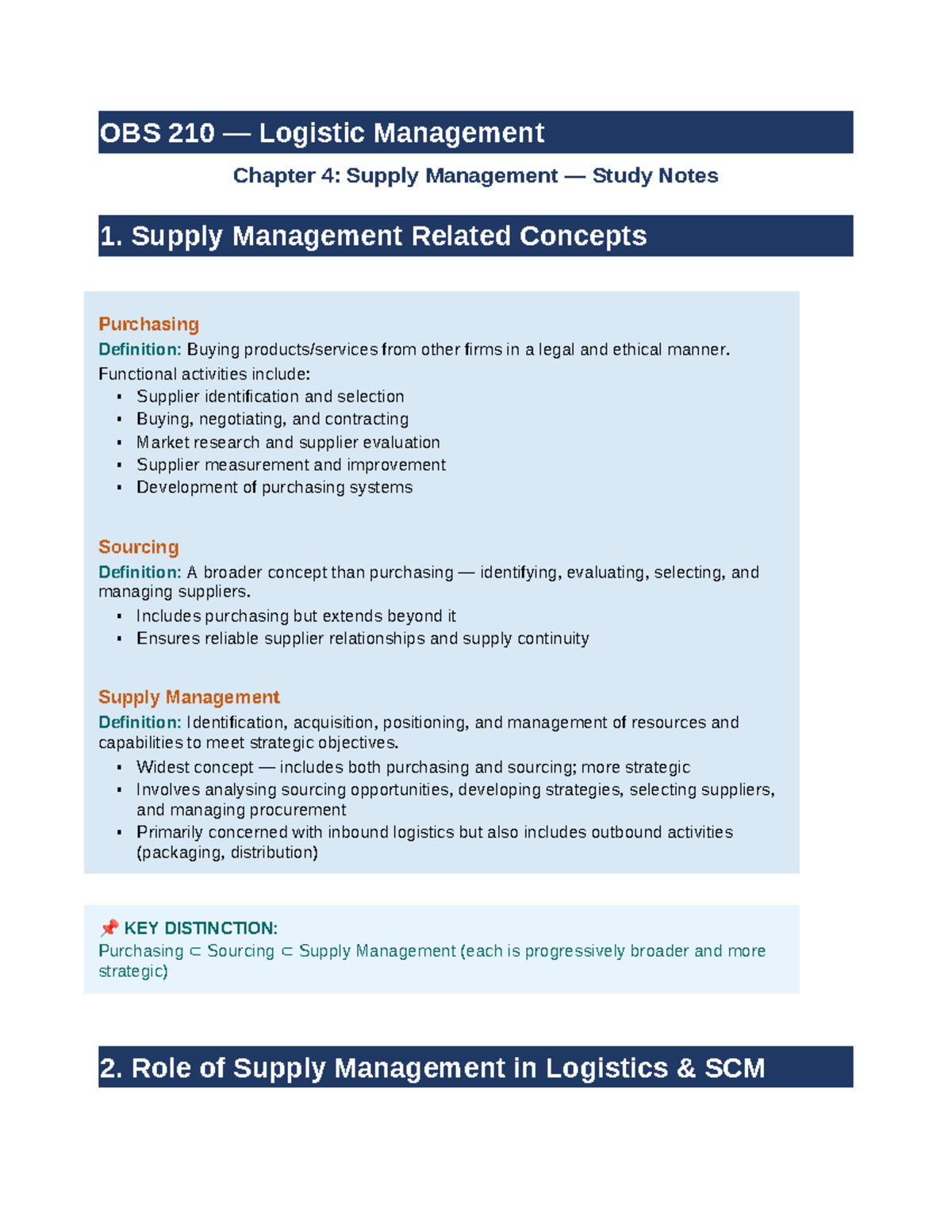 OBS 210 Logistic Management Chapter 4: Supply Management Study Notes ...