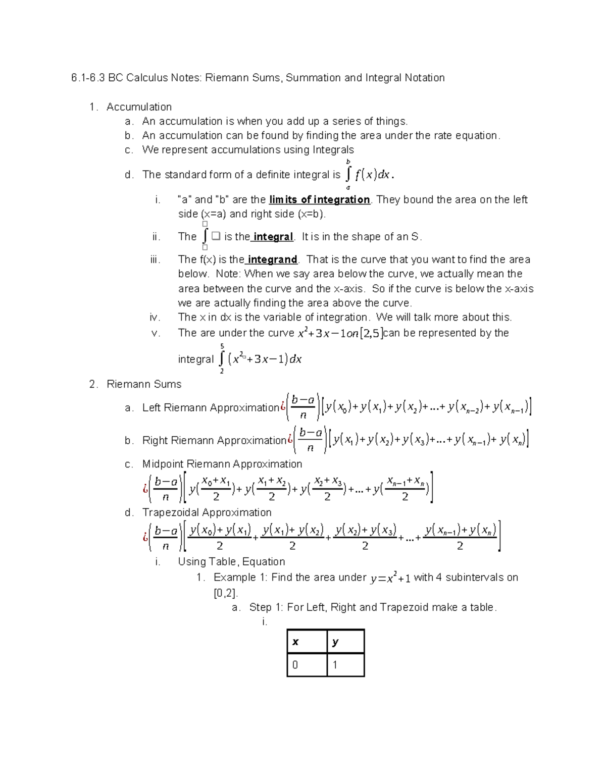 BC Calculus Notes: Riemann Sums & Integral Notation (6.1-6.3) - Studocu