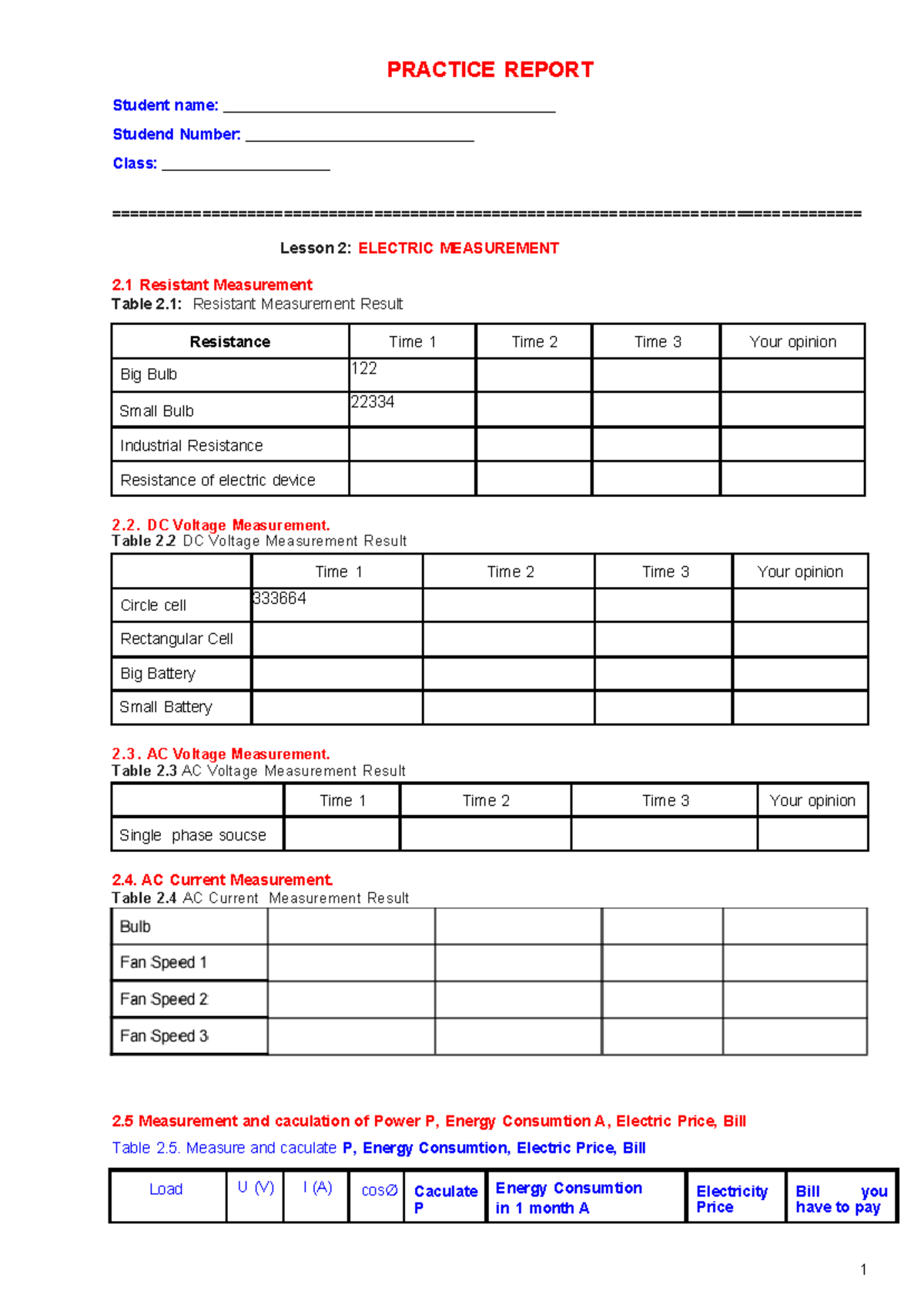PRACTICE REPORT: Electric Measurement & Circuit Analysis (Lesson 2-3 ...