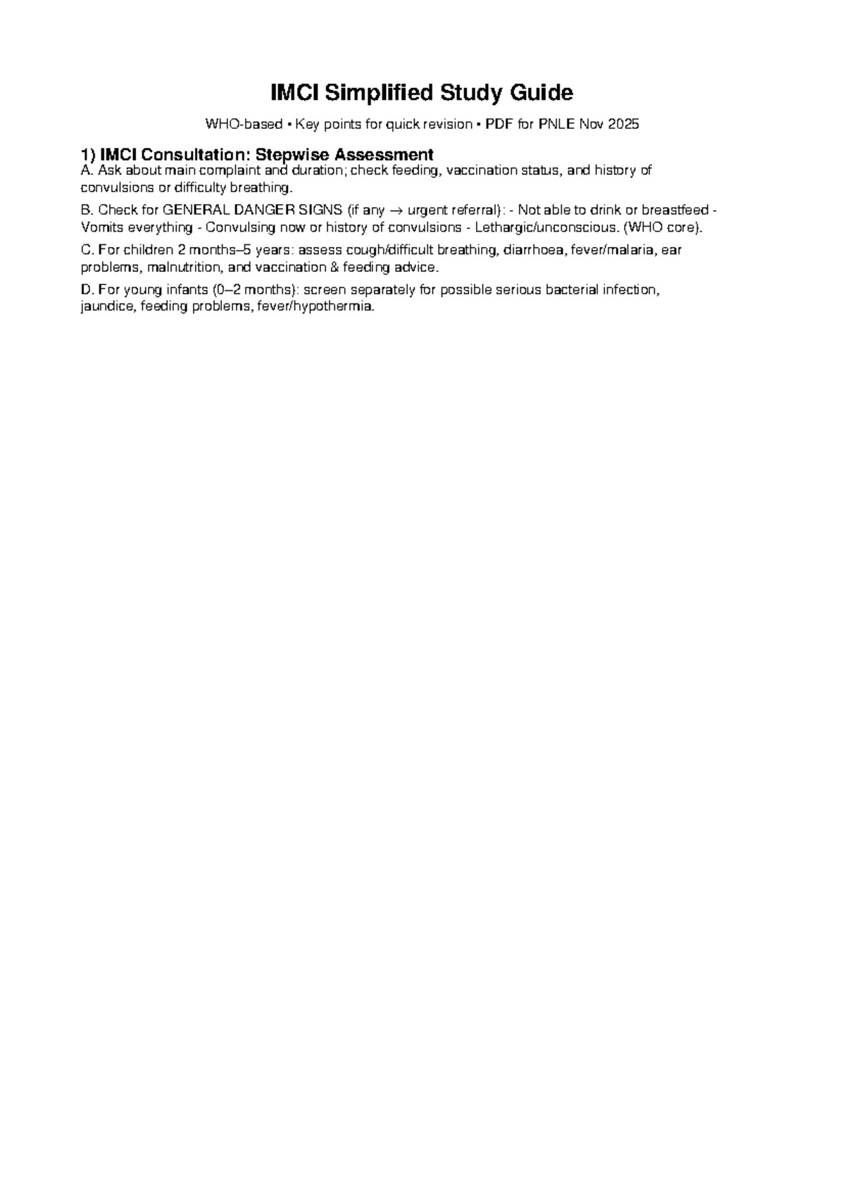 IMCI Simplified Study Guide: Key Points for PNLE Nov 2025 - Studocu