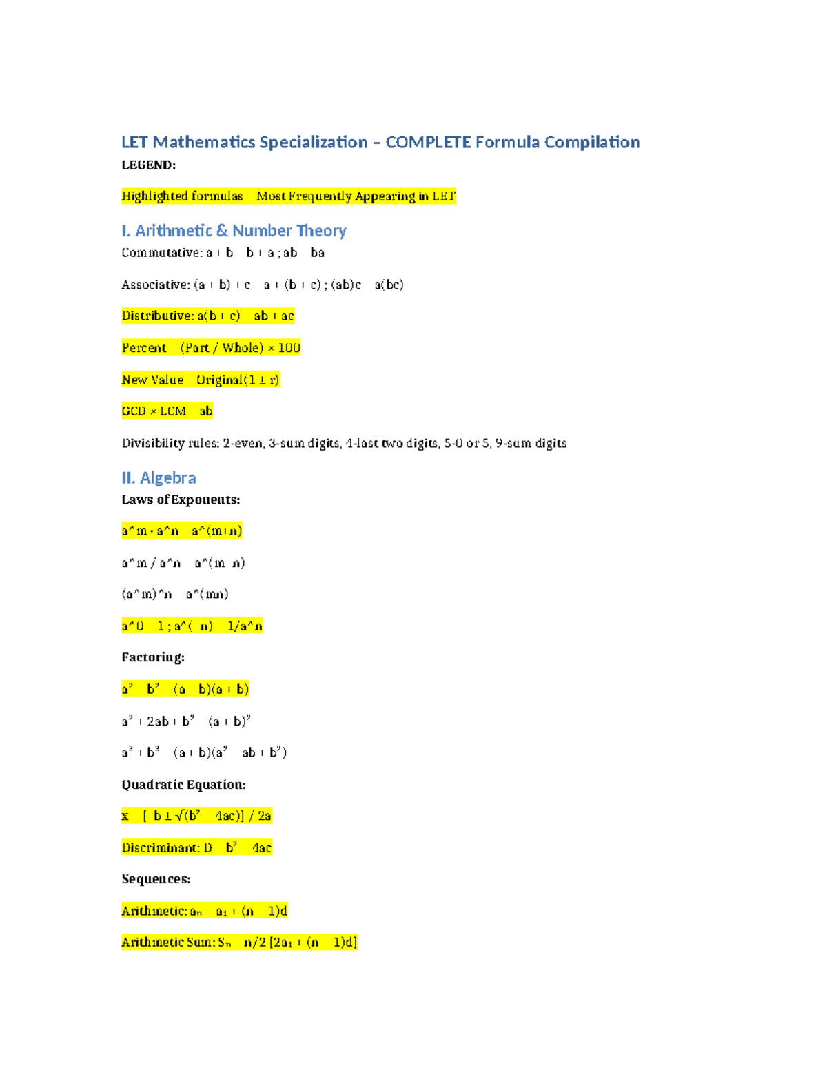 LET Mathematics Specialization – Comprehensive Formula Guide - Studocu