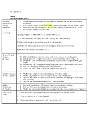 IND 4.0 Question Bank - Question Bank Sec-A Short Questions: (2 x 5 ...
