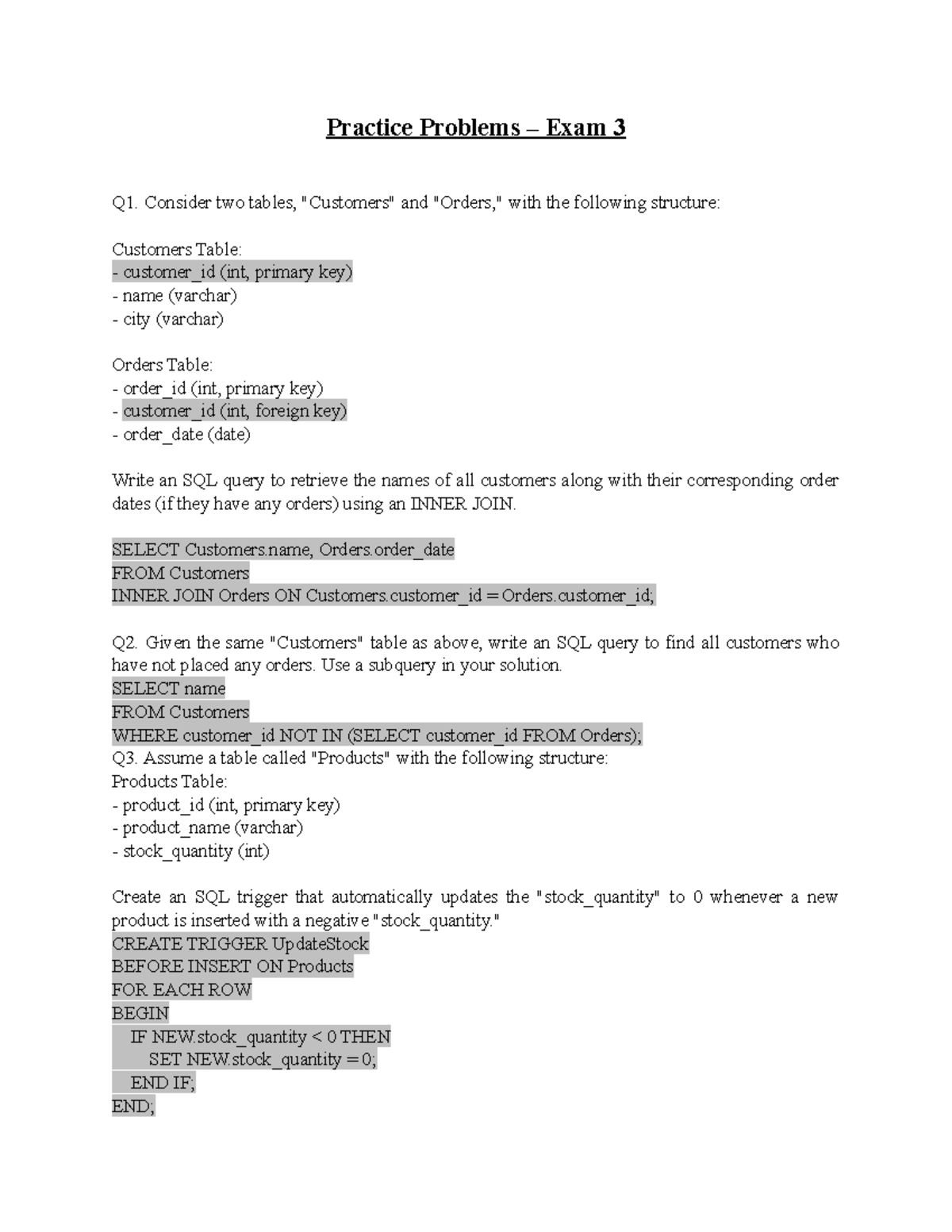 SQL Practice Problems - Exam 3 Solutions - Studocu