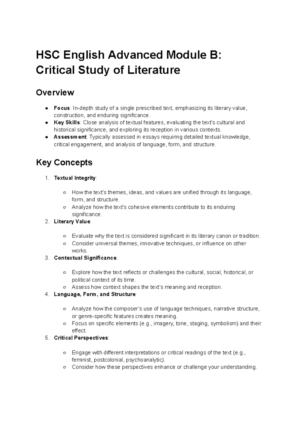 HSC English Adv Module B: Critical Study of Literature Overview - Studocu