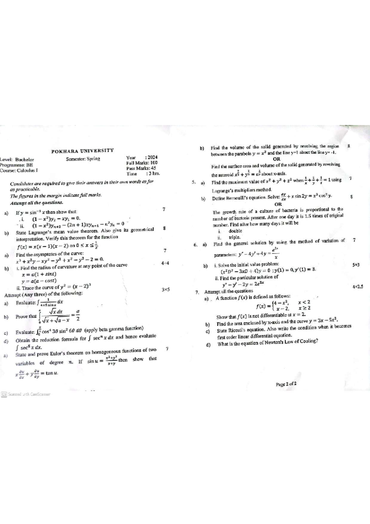 Calculus I-24 Spring 2024 - Board Exam Questions and Solutions - Studocu