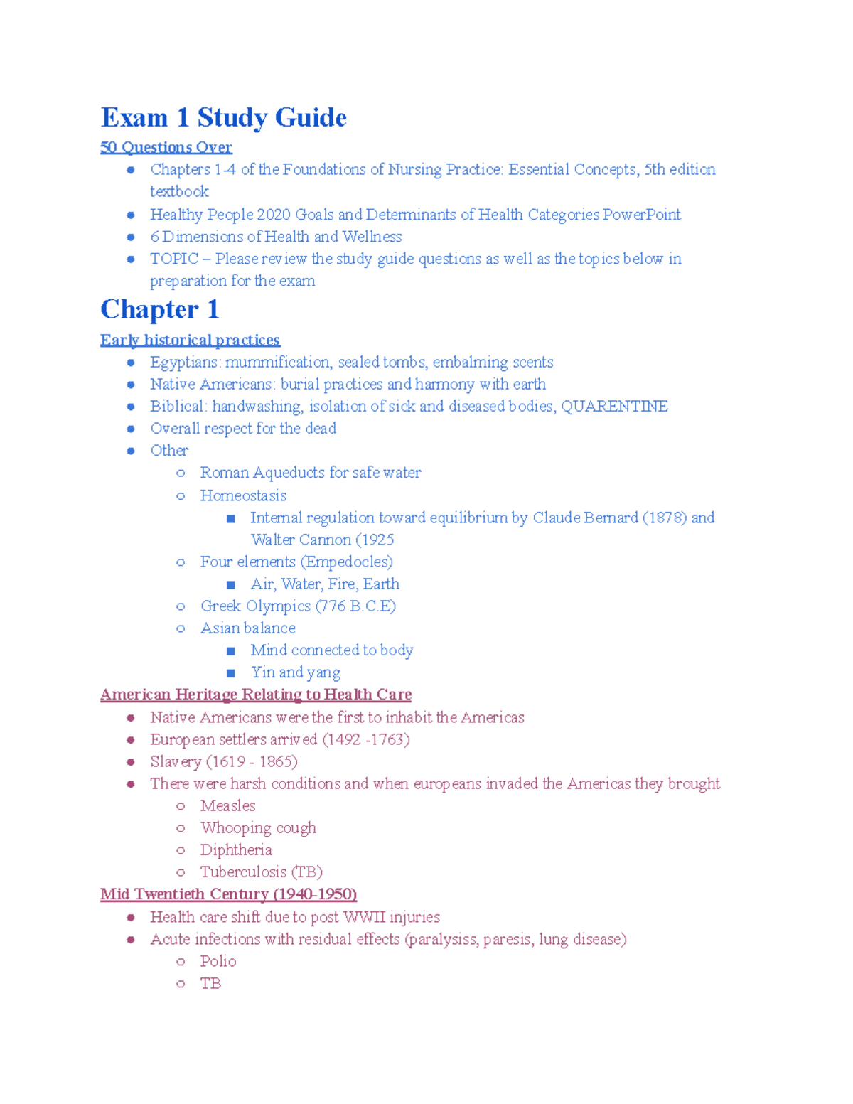 NUR 101 Exam 1 Study Guide: Key Concepts from Foundations of Nursing ...