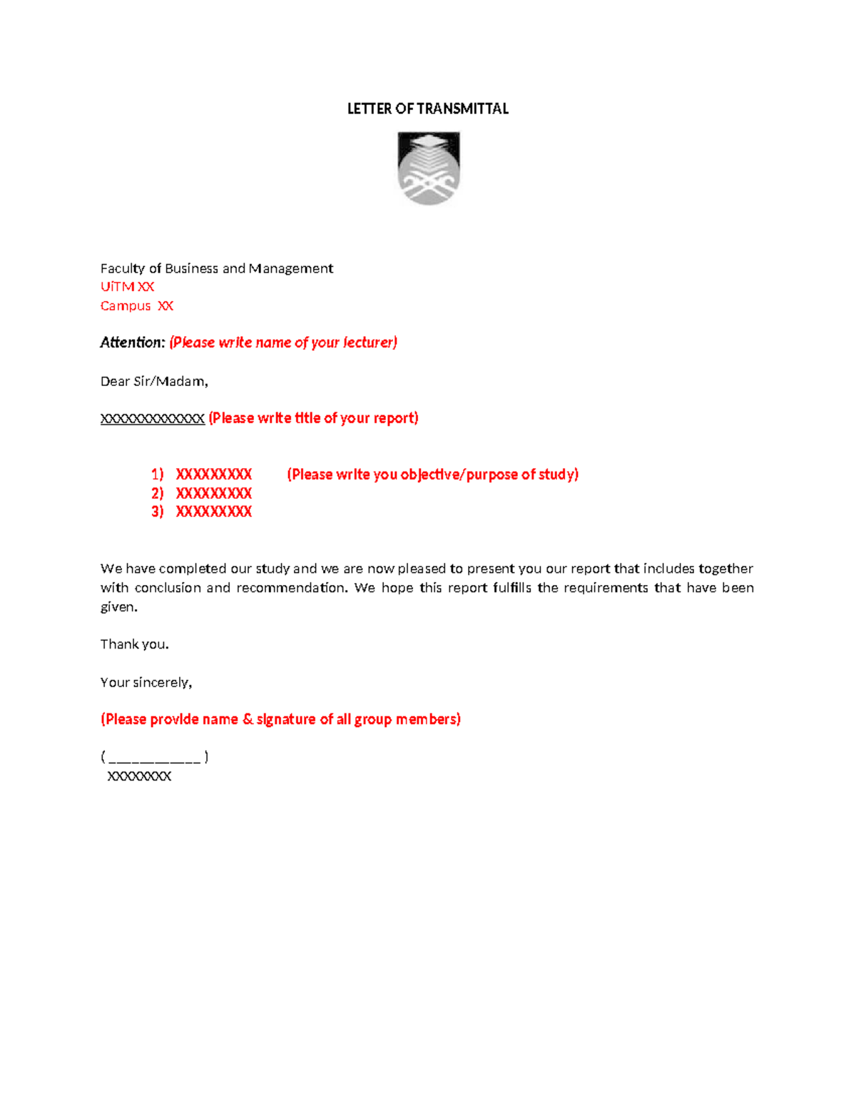 Template Letter OF Transmittal - LETTER OF TRANSMITTAL Faculty of ...