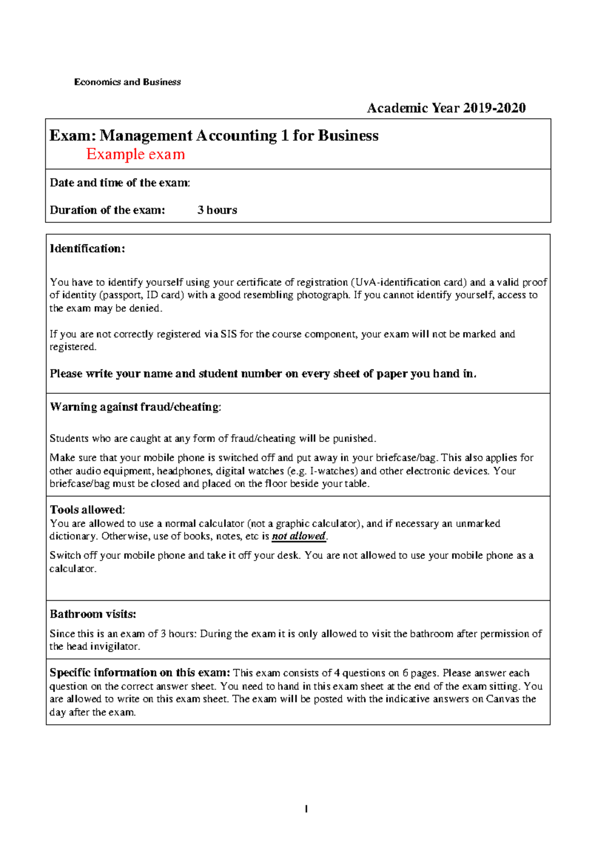 Example Exam MA 1: Management Accounting 1 for Business 2019-20 ...