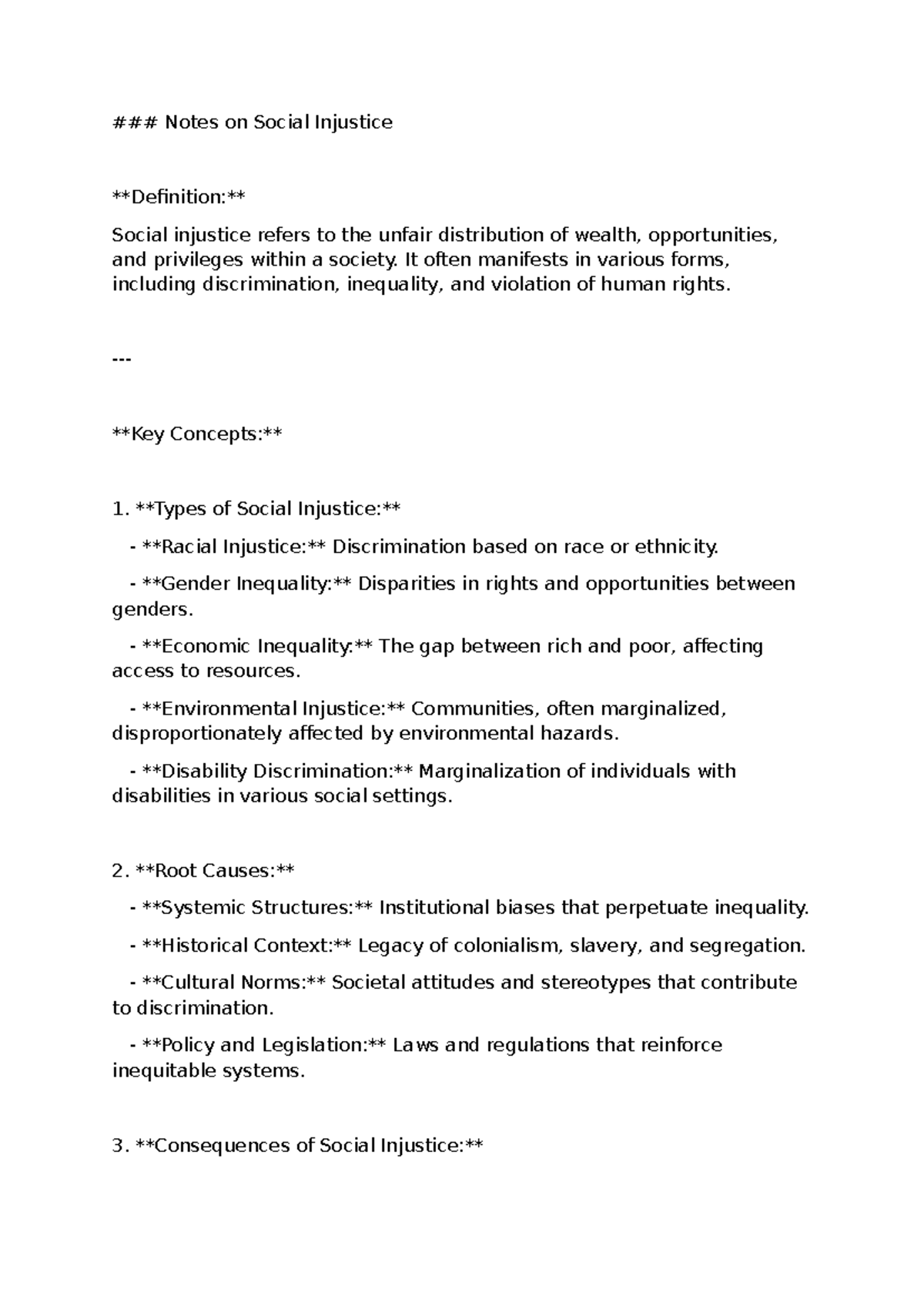 Notes on Social Injustice: Definitions, Causes, and Solutions - Studocu