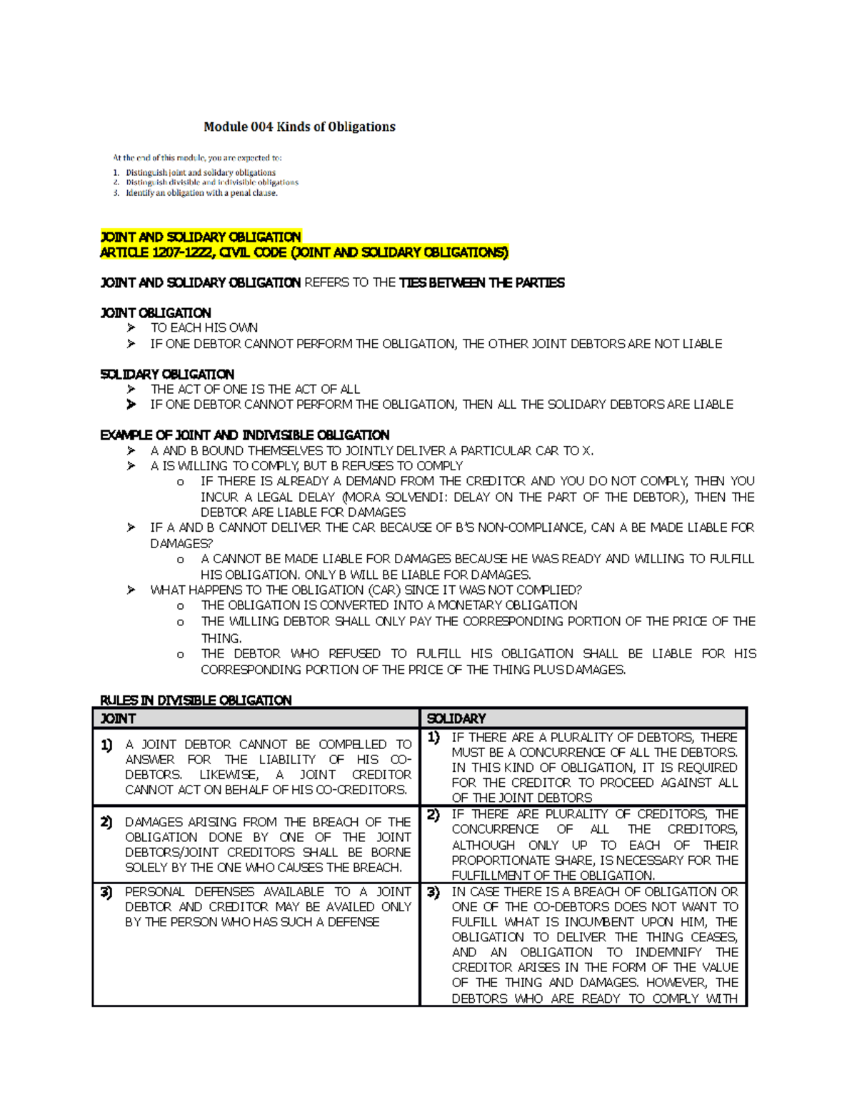 Joint, Solidary, Divisible & Indivisble Obligation - JOINT AND SOLIDARY ...