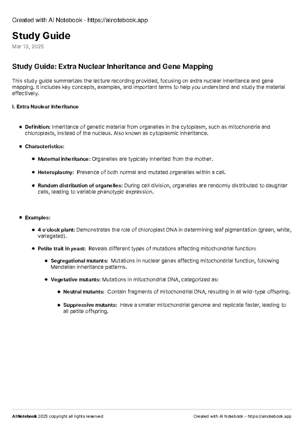 Genetics 2 24 - Study Guide: Extra Nuclear Inheritance & Gene Mapping ...