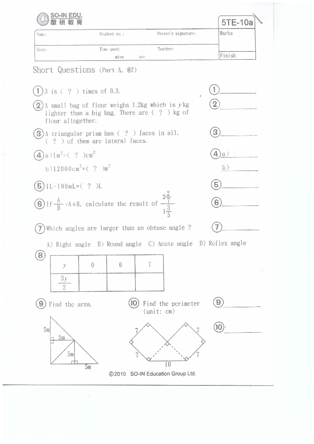 P5 T2 Final Maths Paper: Short Questions and Problem Solving - Studocu