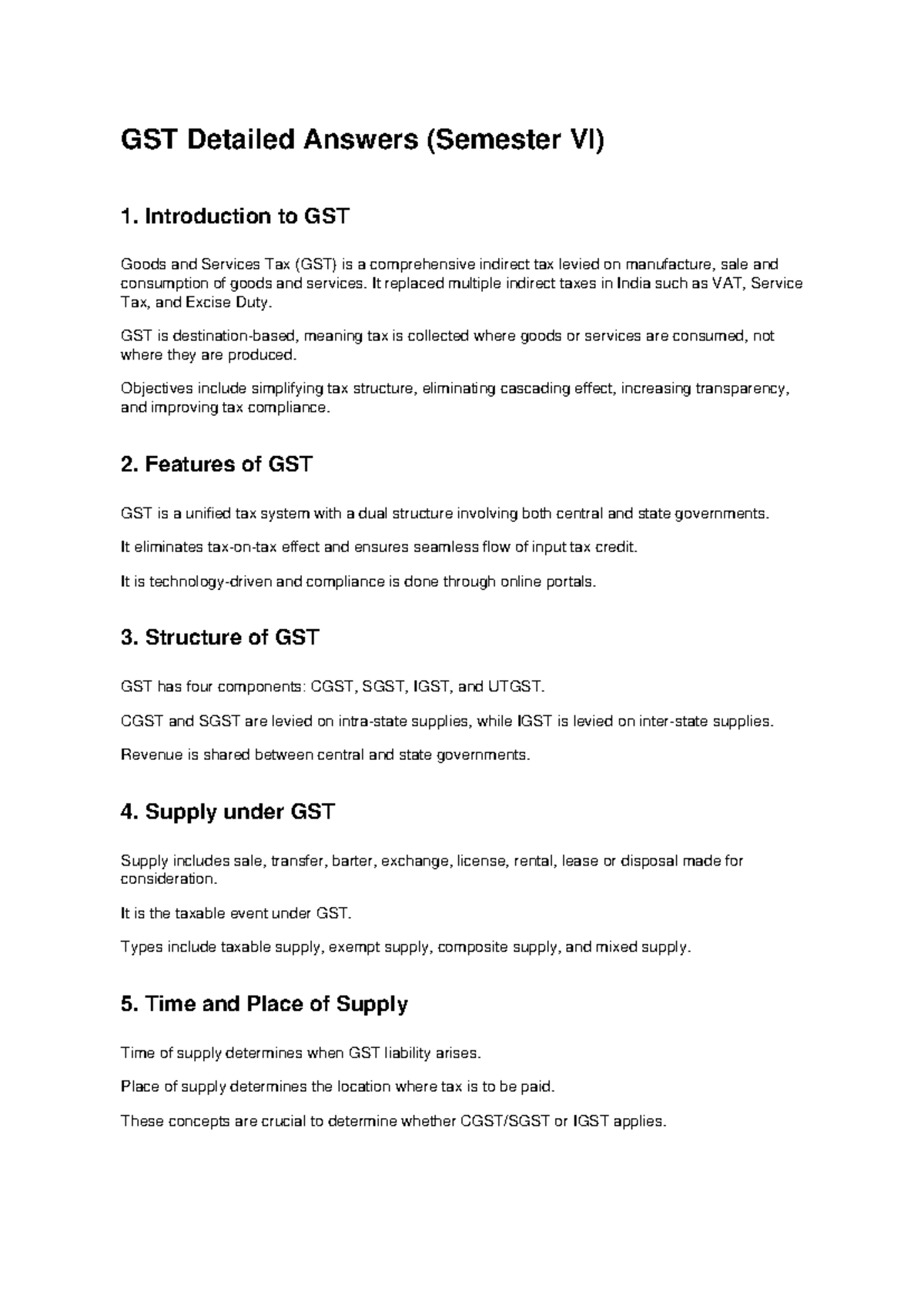 GST Detailed Answers (Semester VI) - Comprehensive Overview - Studocu