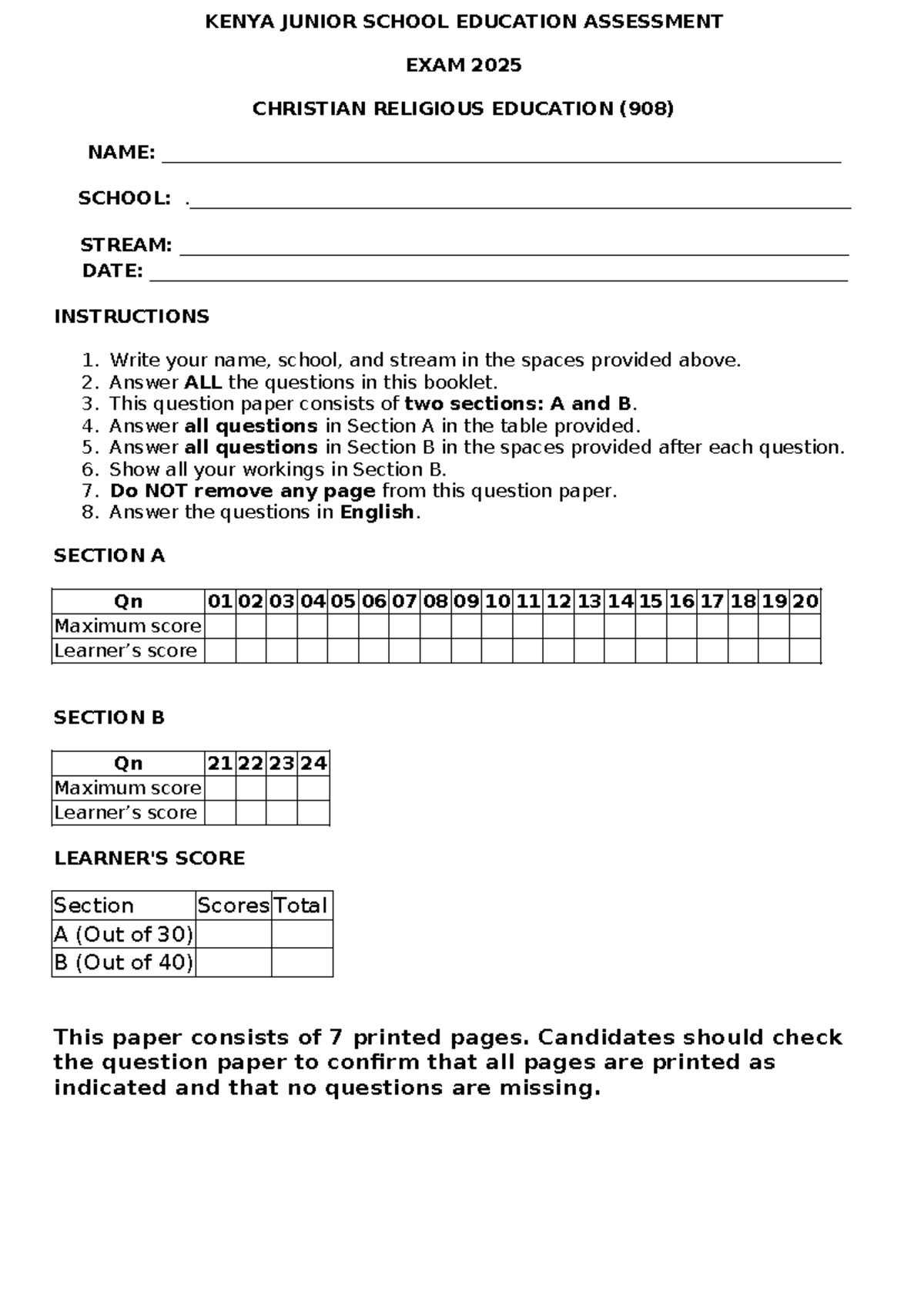 Grade 9 CRE Exam Practice - Kenya Junior School (908) - Studocu