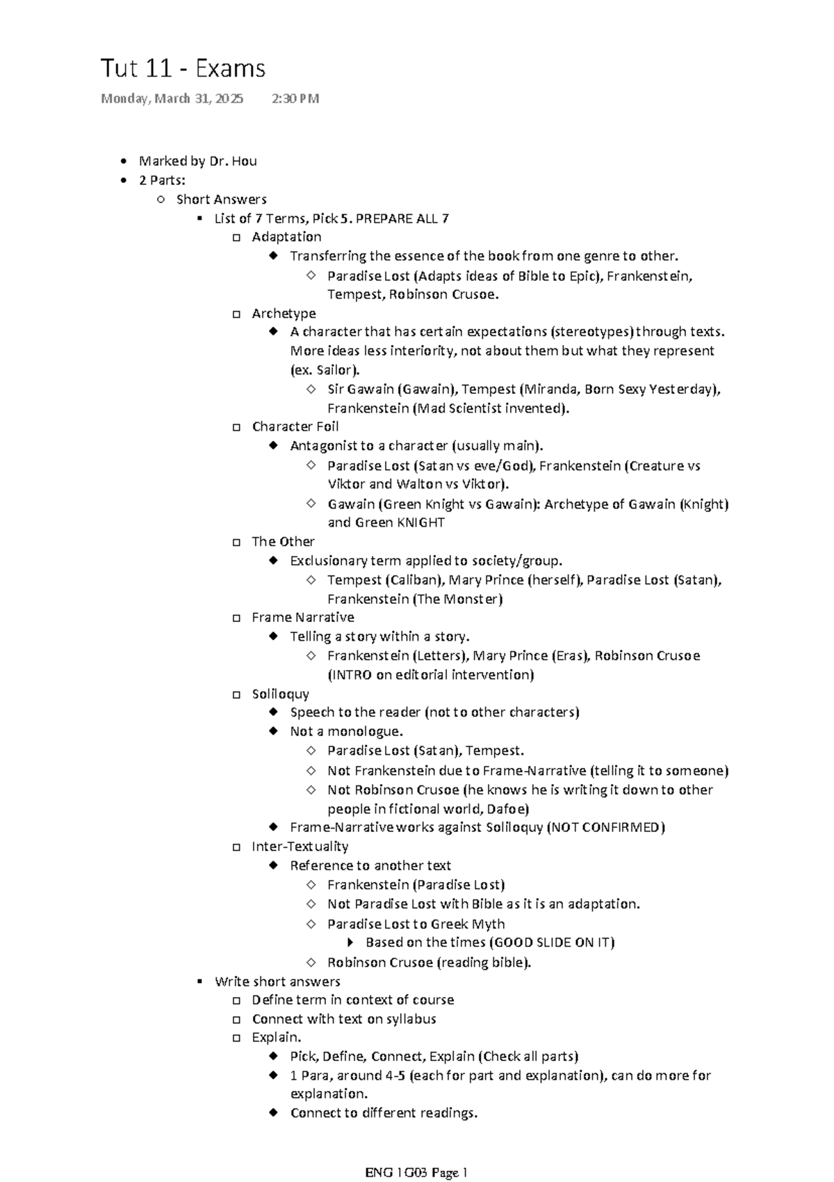 Tut 11 - Exams - Notes as collected during tutorial timesss gl - Marked ...