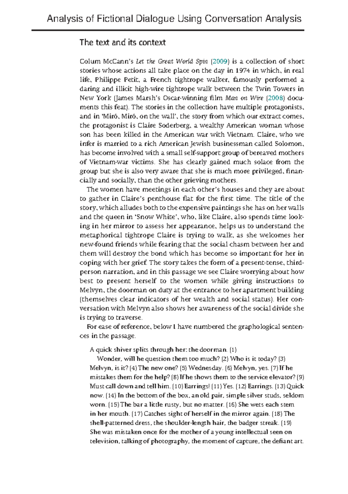 Sample Analysis of Fictional Dialogue: Colum McCann's Miró - Studocu