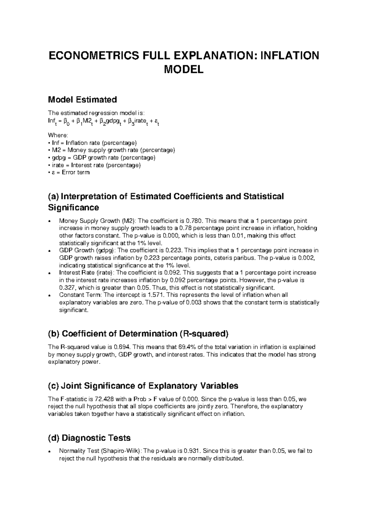 ECON 101: Inflation Econometrics Full Explanation and Model Analysis ...