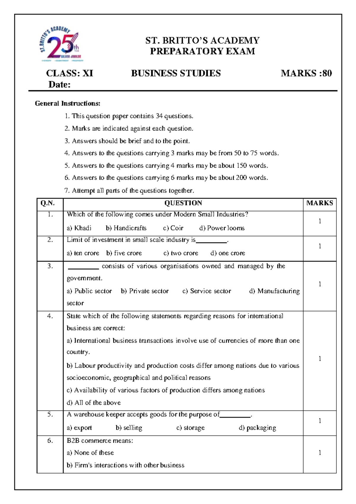 Class XI Business Studies - Final Preparatory Exam 2023 - Studocu
