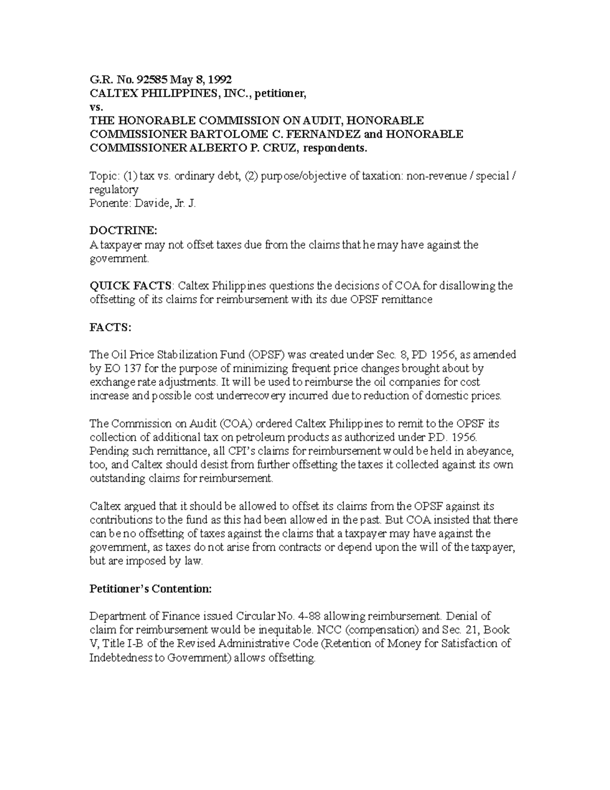 Caltex Philippines vs COA: Tax Offset Case Digest (G.R. No. 92585 ...