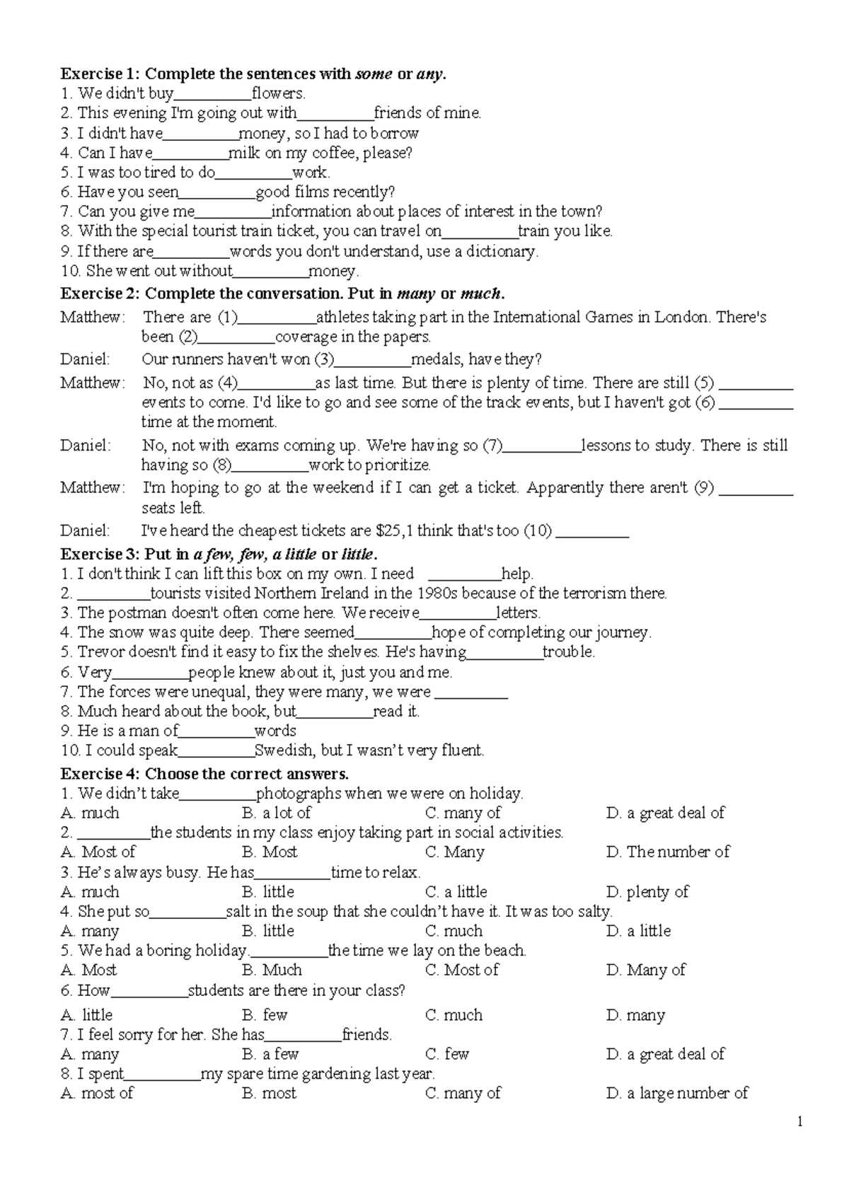 ÔN THI VÀO 10: Exercise on Quantifiers and Sentence Completion - Studocu