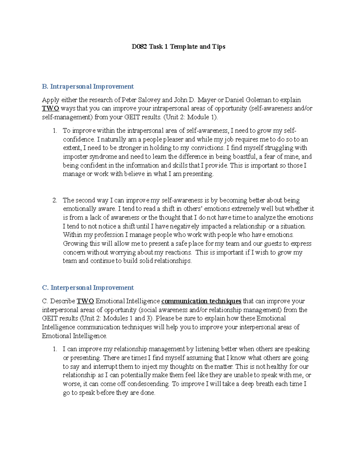 D082 Task 1 Passed - D082 Task 1 Template and Tips B. Intrapersonal ...