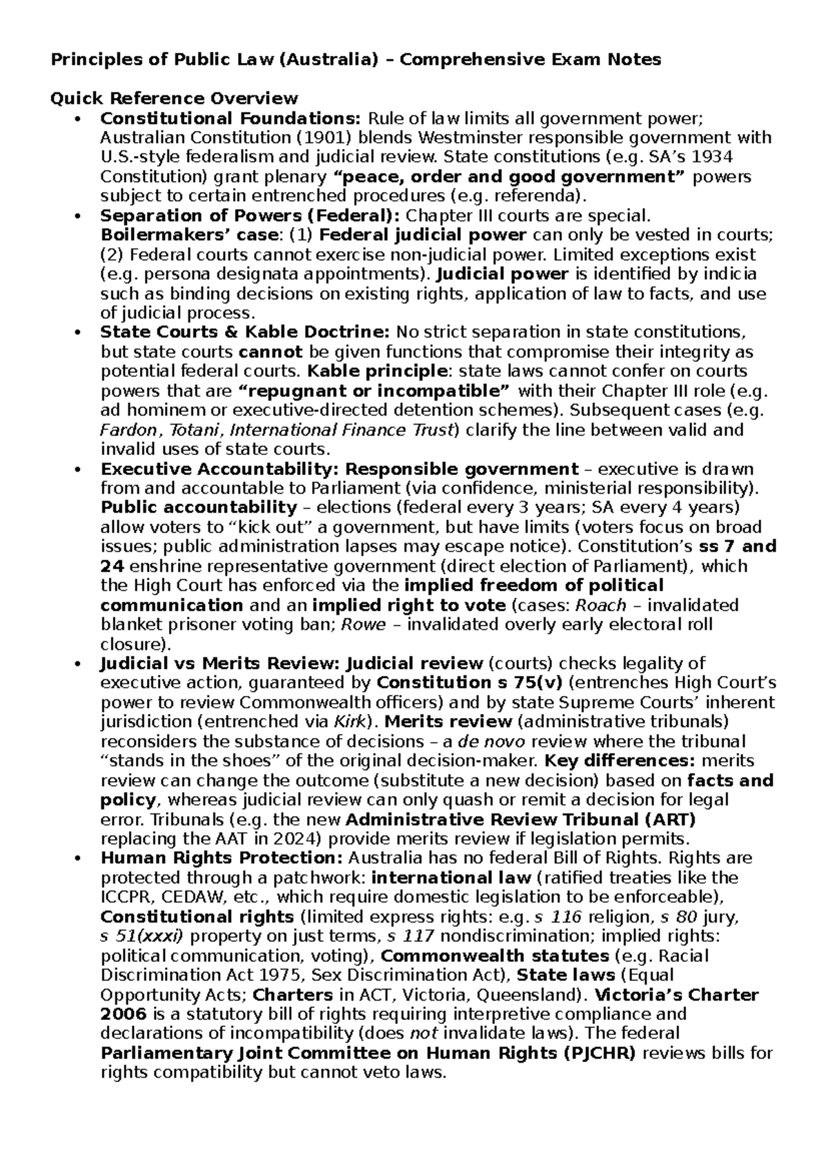 Principles of Public Law (Australia) Draft Exam Notes Overview - Studocu