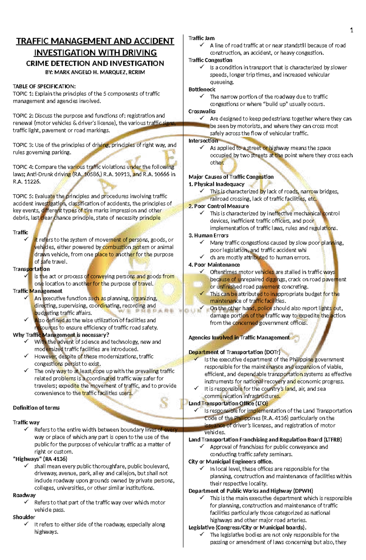 RCRIM 1: Traffic Management & Accident Investigation Overview - Studocu