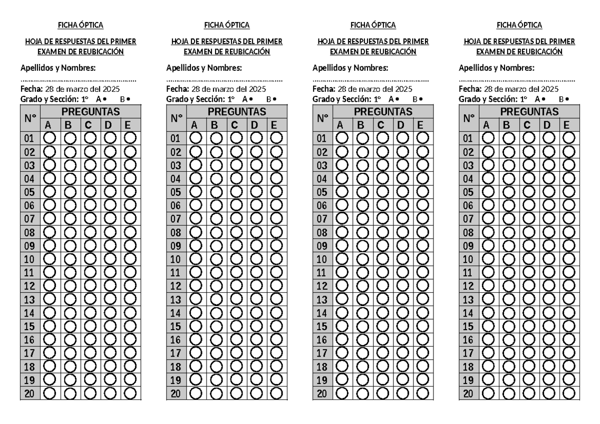 Ficha Óptica - HOJA DE RESPUESTAS DEL PRIMER EXAMEN DE REUBICACIÓN