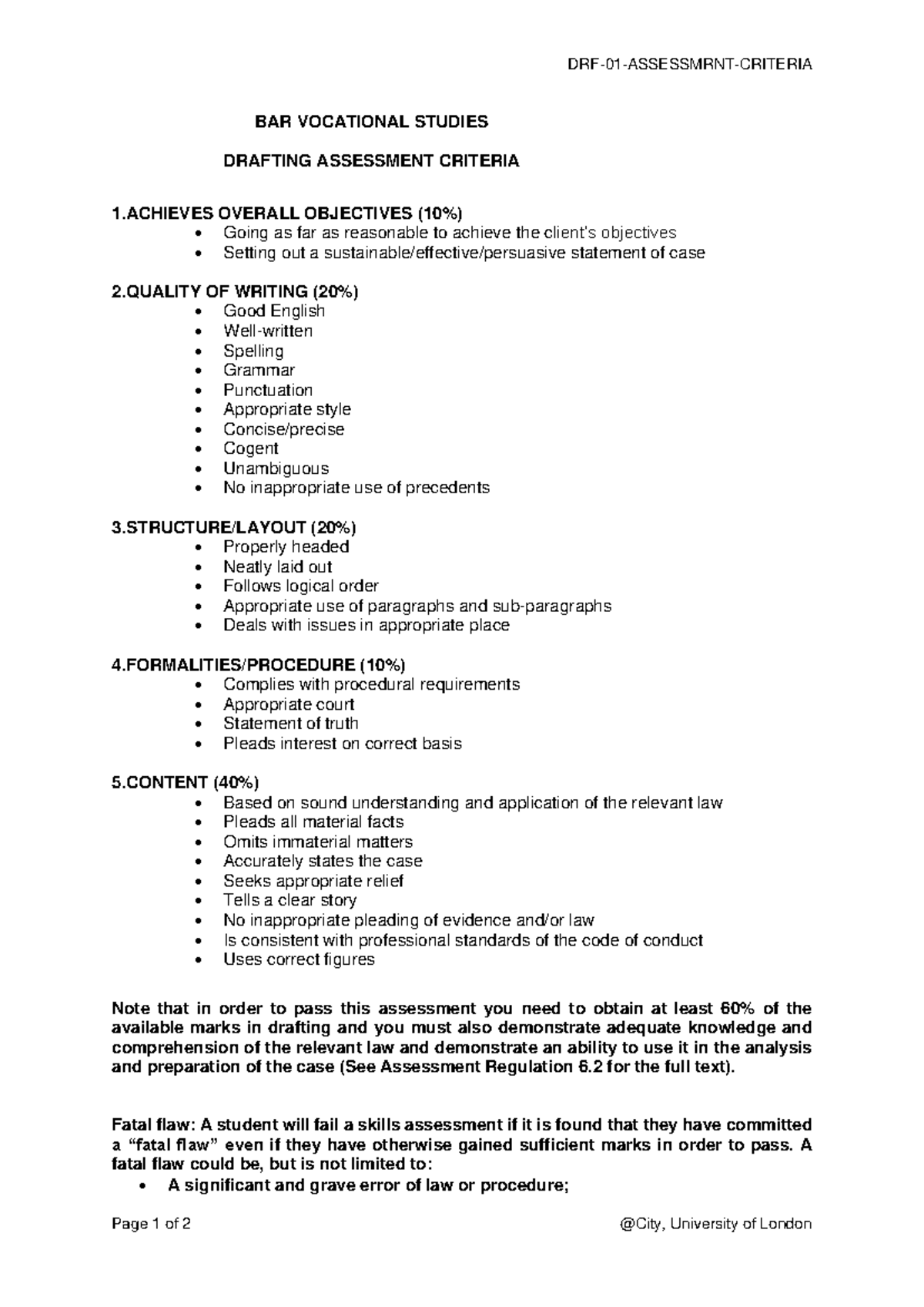 DRF-01-Assessment Criteria - DRF- 01 - ASSESSMRNT-CRITERIA Page 1 of 2 ...