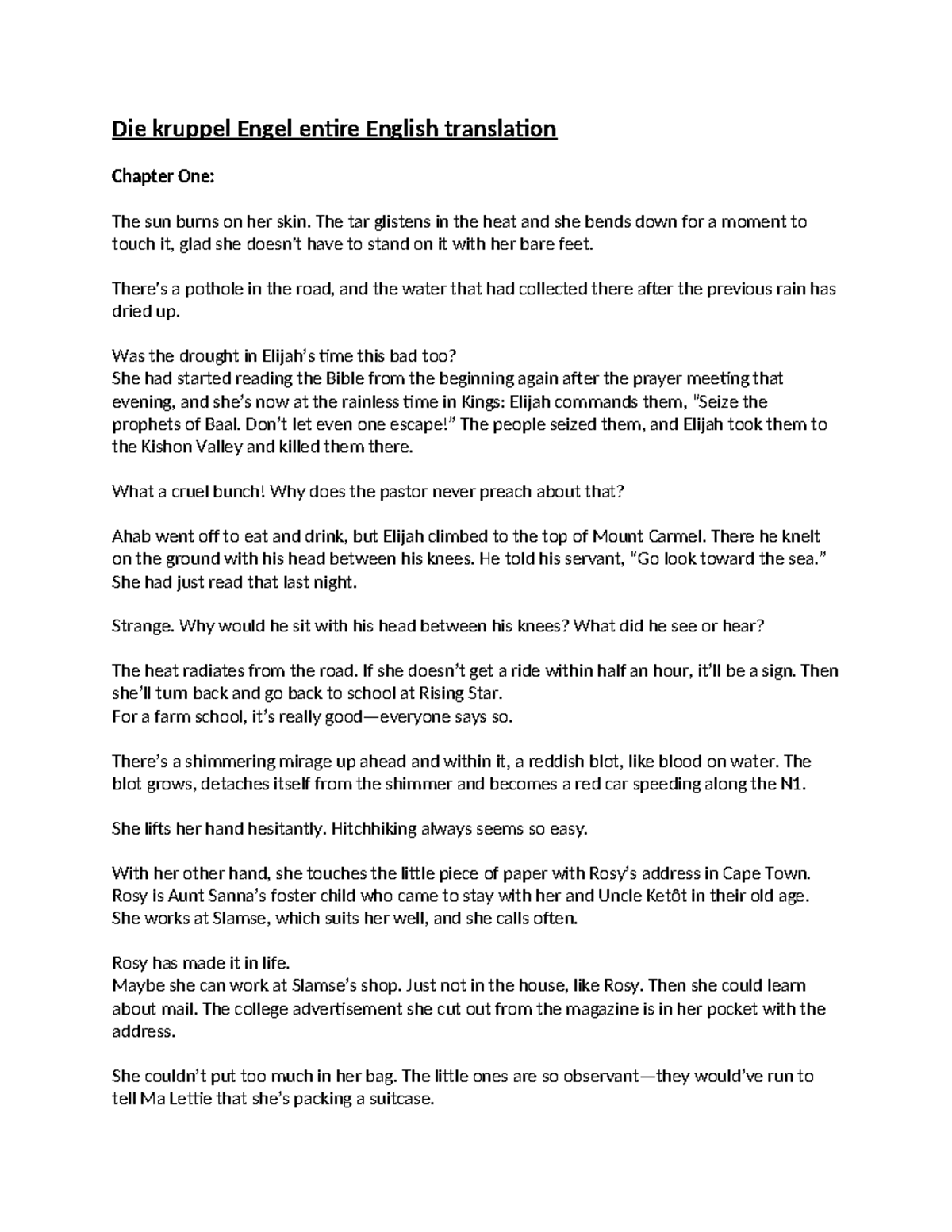 Die kruppel Engel (ENG 101) - Chapter One: The Sun Burns on Her Skin - Document Preview