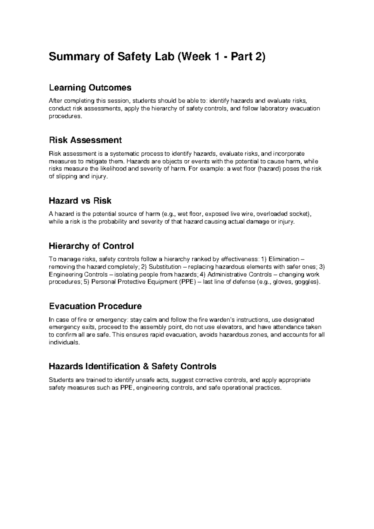 Safety Lab Summary (Week 1 Part 2): Learning Outcomes & Risk Assessment ...