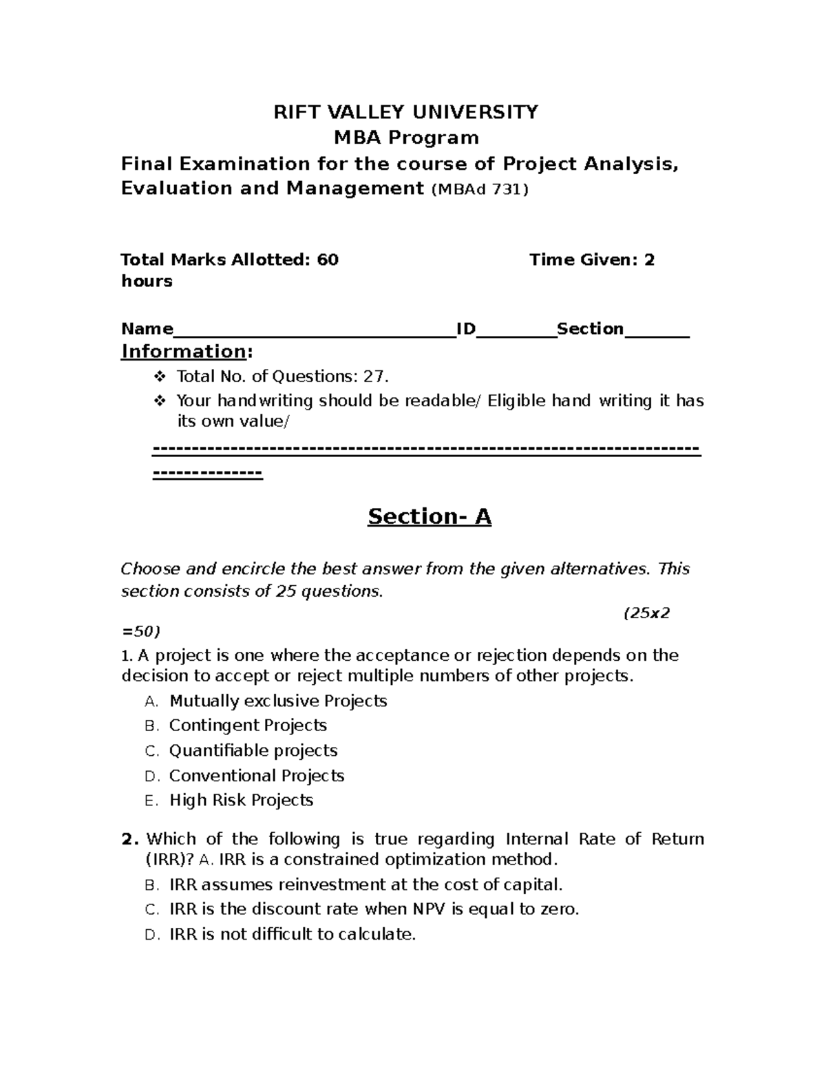 Project Analysis Final Exam MBAd 731 - Comprehensive Questions Guide ...