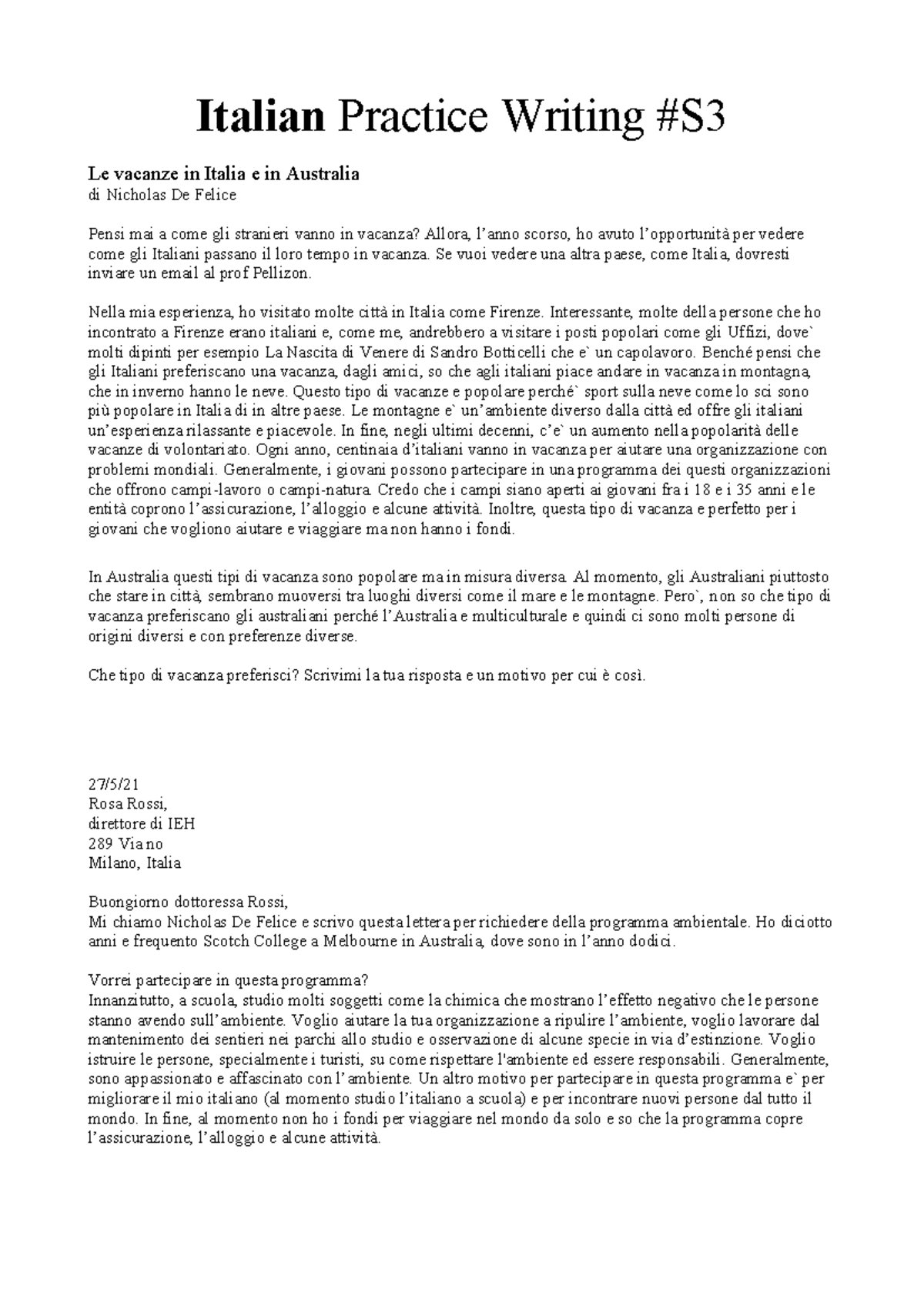 Italian to sentences - Basics - Italian Practice Writing #S Le vacanze ...