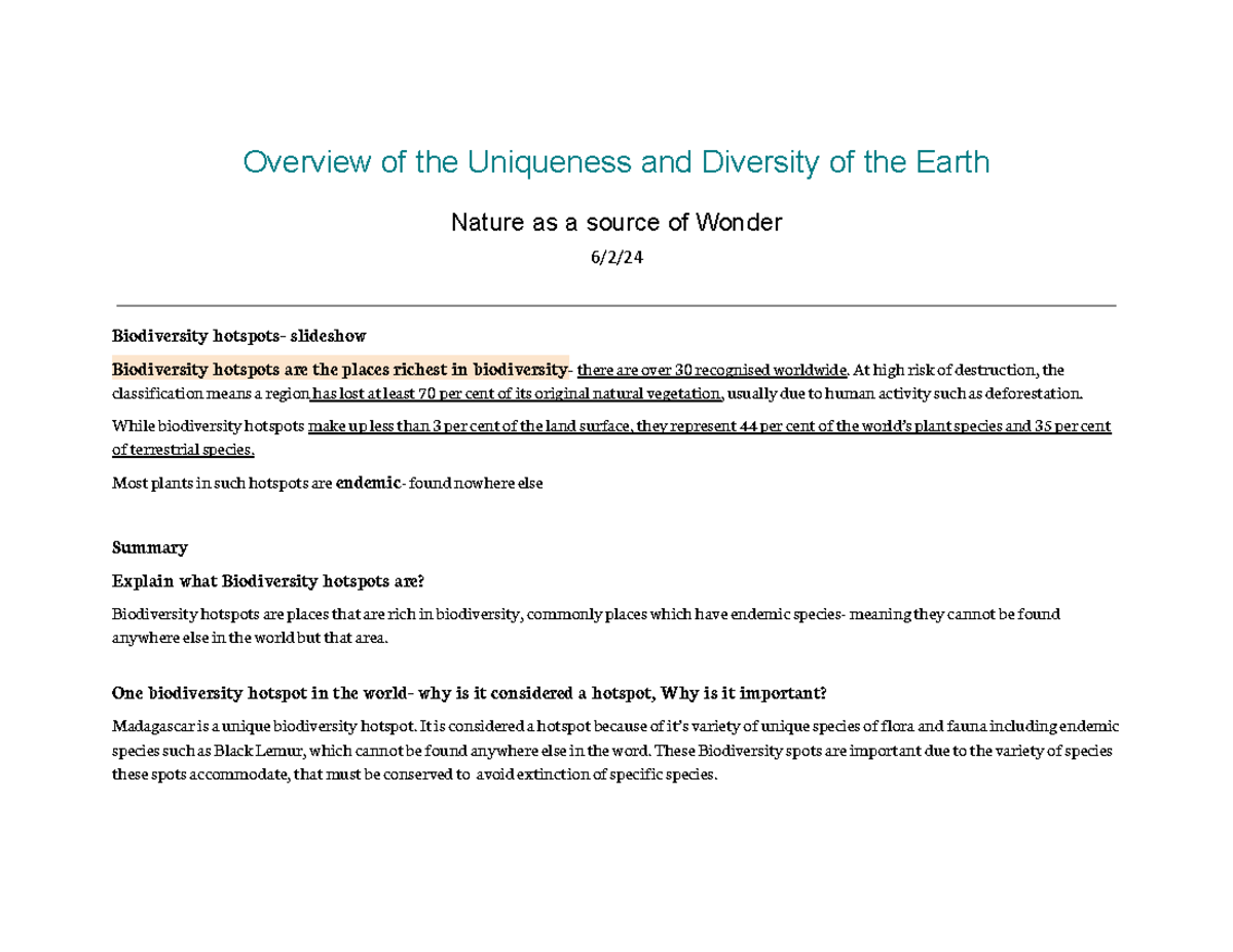 Overview of Earth's Uniqueness & Biodiversity - GEO Notes - Studocu