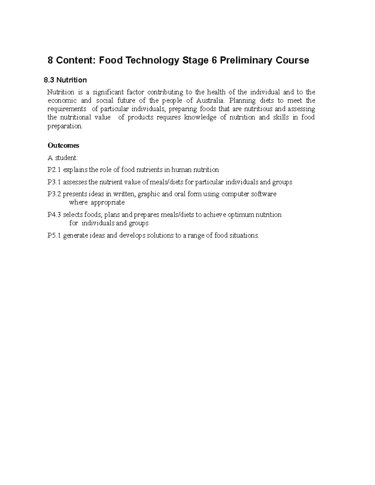 Food Technology Stage 6: Syllabus Notes on Nutrition (8.3) - Studocu