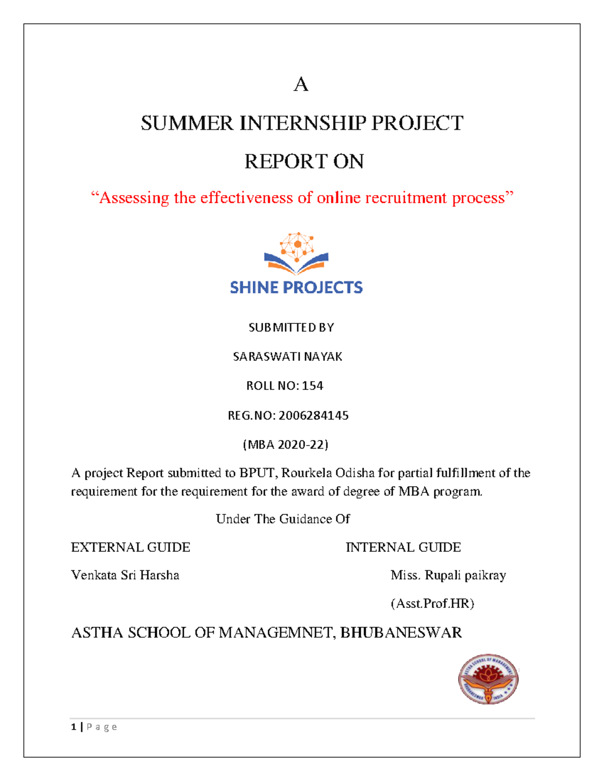 MBA Project Report: Effectiveness of Online Recruitment - Summer ...
