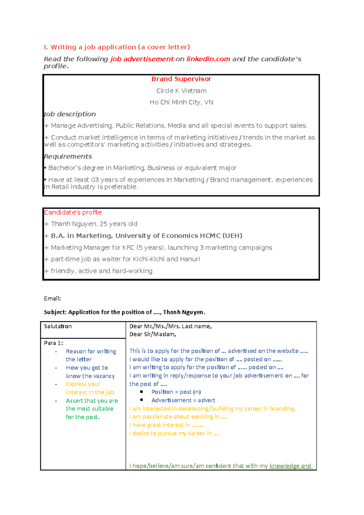 Writing - I. Writing a job application (a cover letter) Read the ...