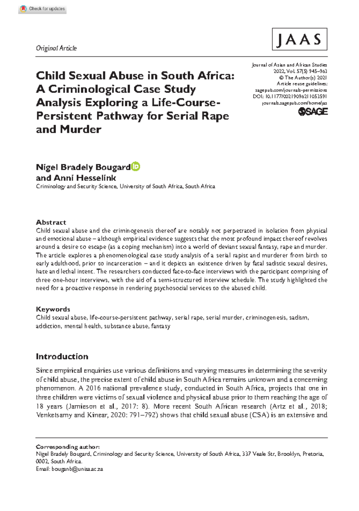 Child Sexual Abuse in South Africa: A Criminological Case Study (JAS ...