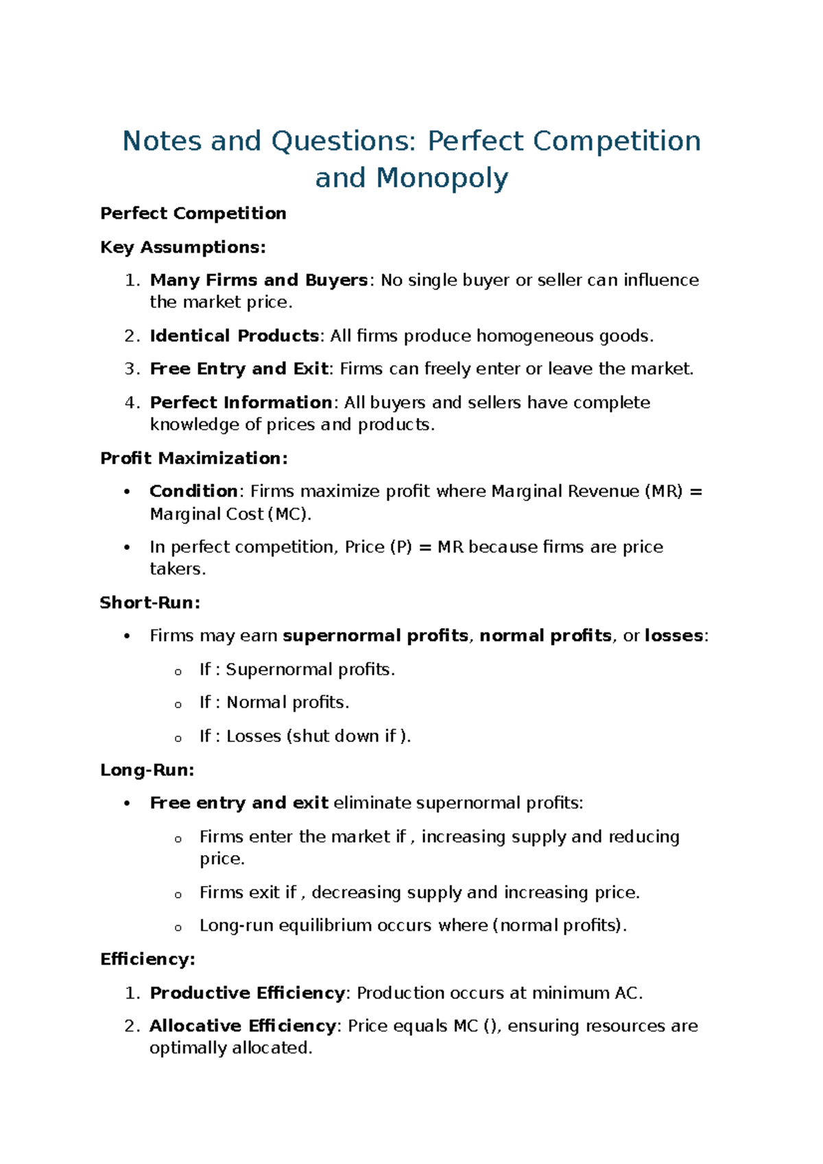Microeconomics Notes: Perfect Competition & Monopoly Overview - Studocu