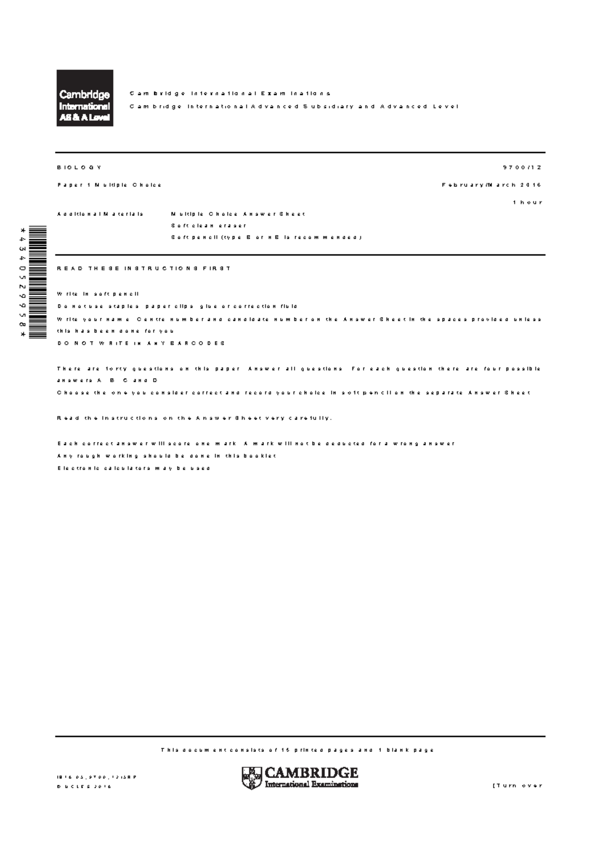 Cambridge International A Level Biology 9700/12 Paper 1 MCQ 2016 - Studocu