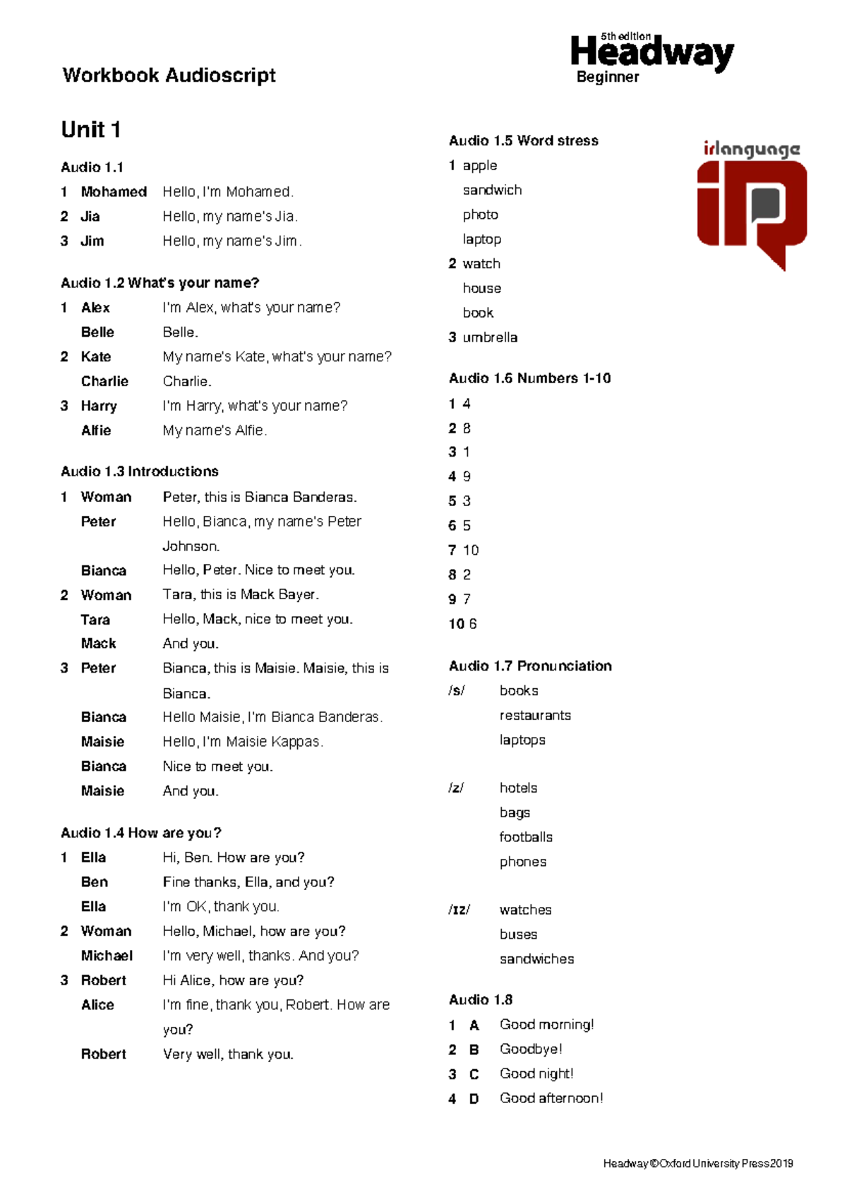 Workbook Audioscript for Headway Beginner 5th Ed. Units 1-9 - Studocu