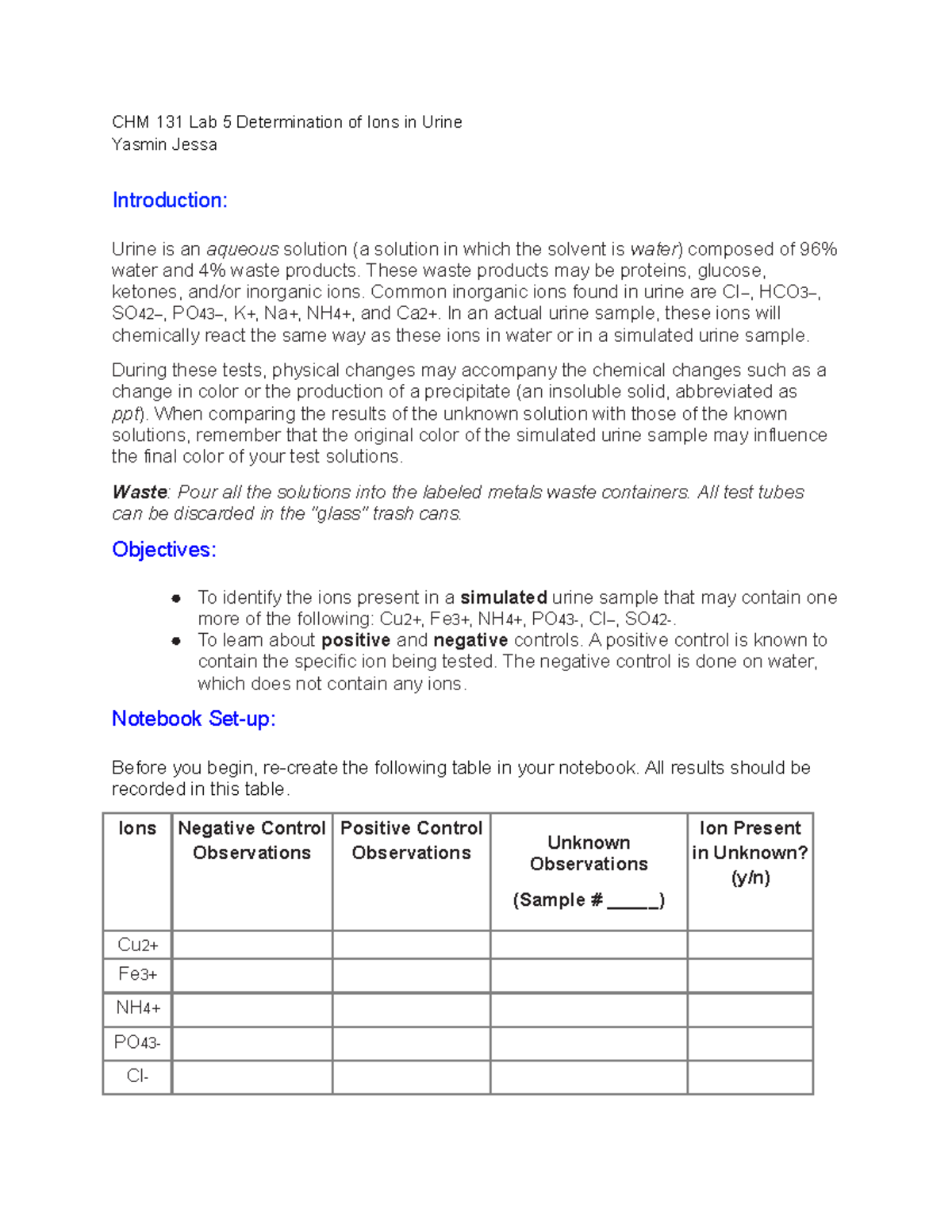 CHM 131 Lab 5 - Lab instructions and data tables for Urine Ions Lab 5 ...