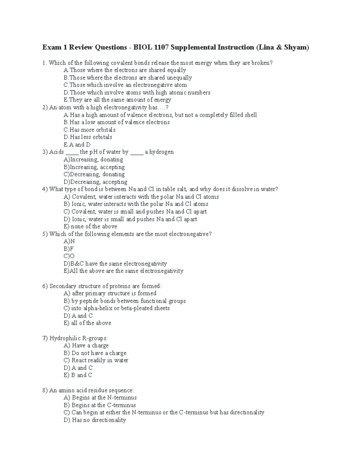 BIOL 1107 Exam 1 Supplemental Instruction Review Questions - Studocu
