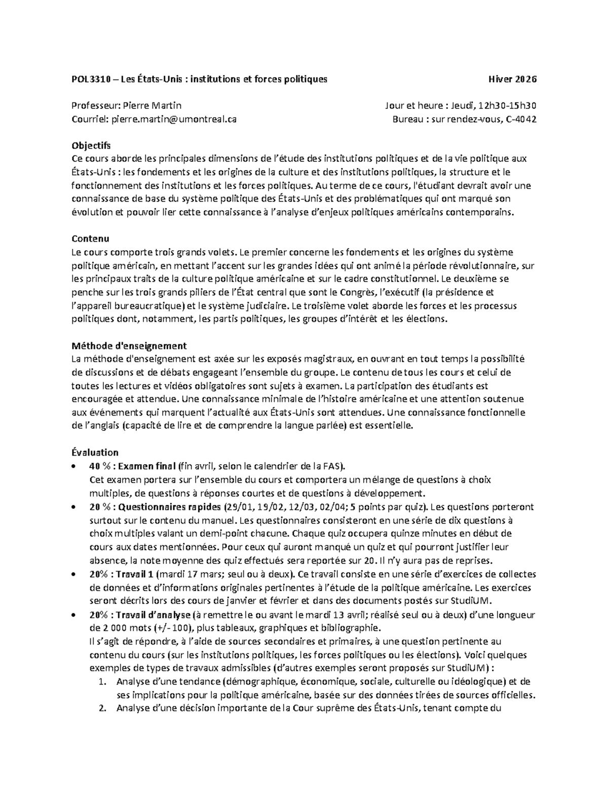 POL3310 Hiver 2026 : Syllabus du Cours sur les Institutions Politiques ...