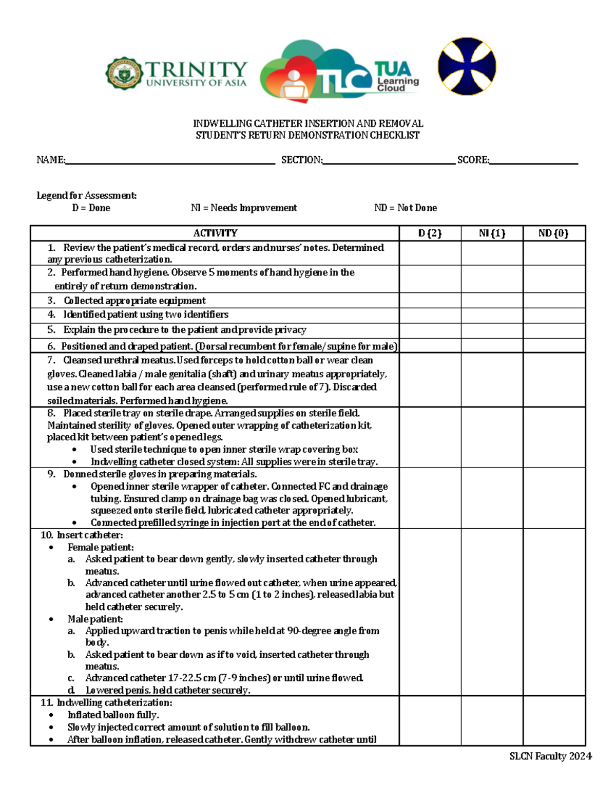 Indwelling Catheter Insertion & Removal Checklist - SLCN 2024 - Studocu